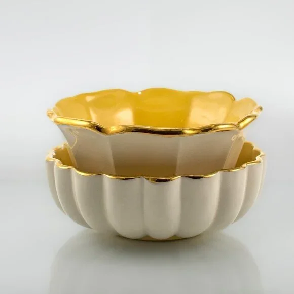 Vintage Porcelain Bowls | Bright Yellow and White with Gold Trim | Set of Bowls - Picture 4 of 6